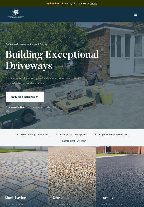 The Agile Driveways website on an iPad