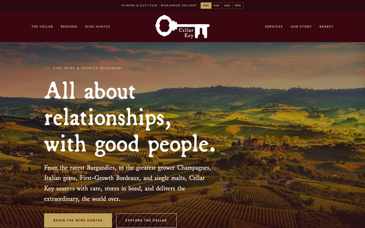 The Cellar Key website on a desktop screen