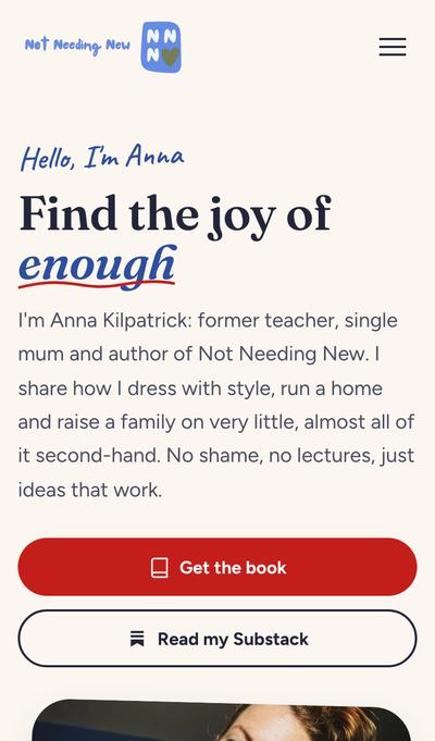 The Not Needing New website on a phone