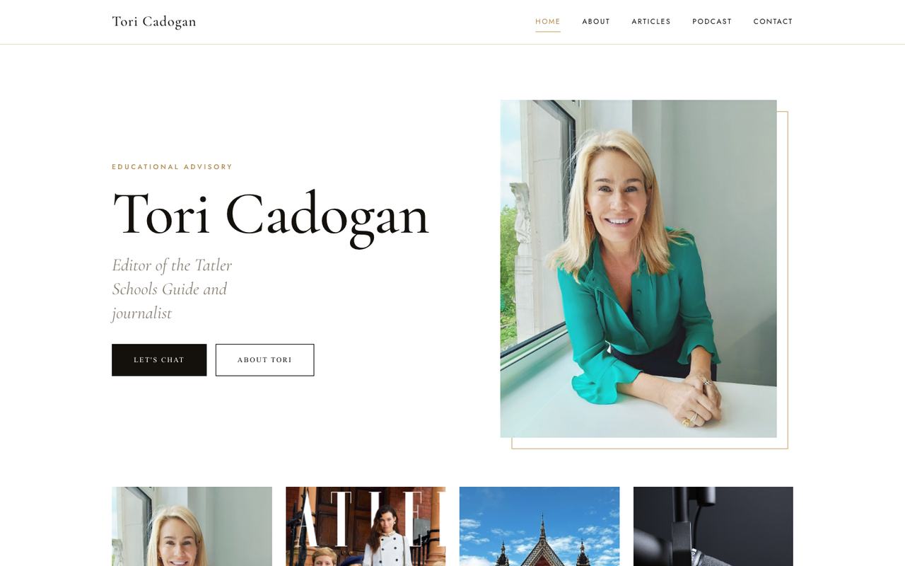 The Tori Cadogan website on a desktop screen