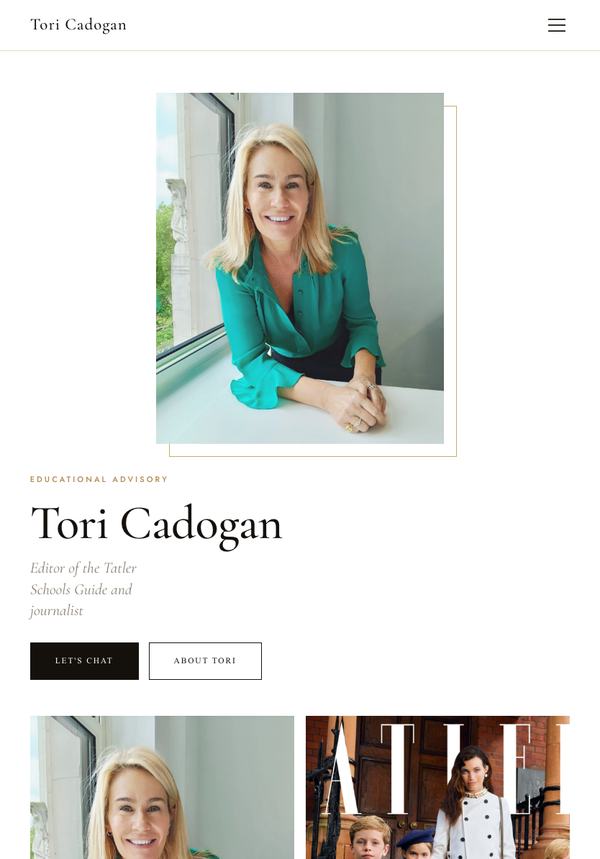 The Tori Cadogan website on an iPad